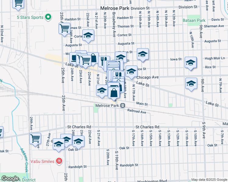 map of restaurants, bars, coffee shops, grocery stores, and more near 120 North 19th Avenue in Melrose Park