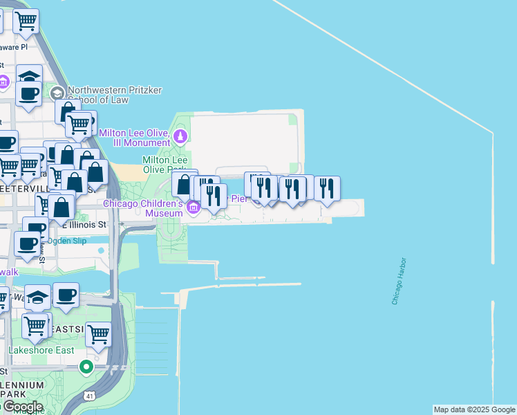 map of restaurants, bars, coffee shops, grocery stores, and more near 600 East Grand Avenue in Chicago