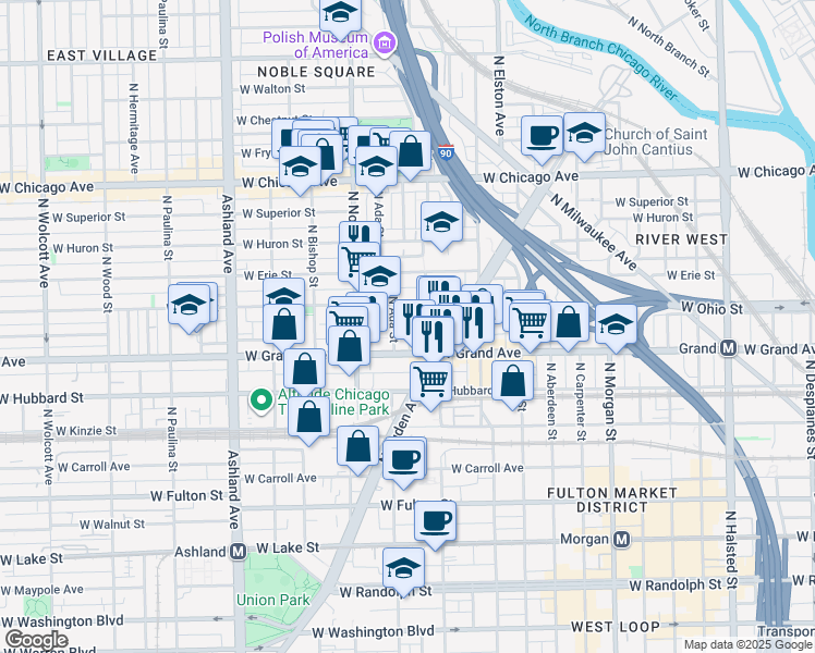 map of restaurants, bars, coffee shops, grocery stores, and more near 525 North Ada Street in Chicago