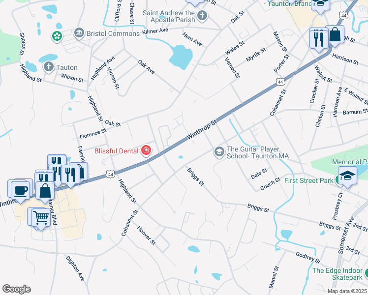 map of restaurants, bars, coffee shops, grocery stores, and more near 192 Winthrop Street in Taunton