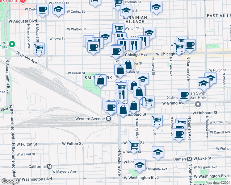 map of restaurants, bars, coffee shops, grocery stores, and more near 2401 West Ohio Street in Chicago