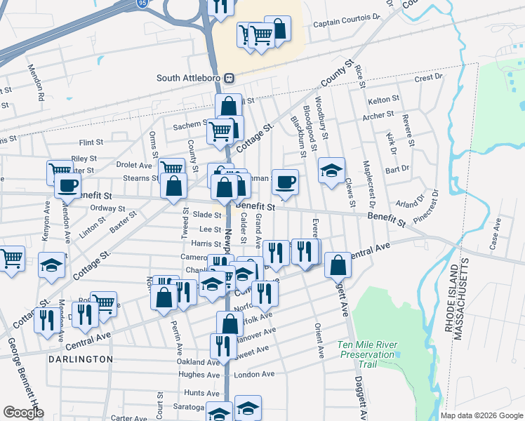 map of restaurants, bars, coffee shops, grocery stores, and more near 473 Benefit Street in Pawtucket