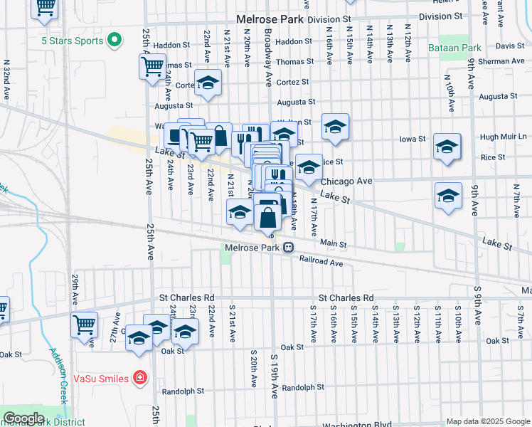 map of restaurants, bars, coffee shops, grocery stores, and more near 120 North 19th Avenue in Melrose Park