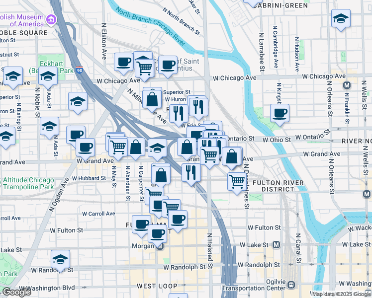 map of restaurants, bars, coffee shops, grocery stores, and more near 849 West Ohio Street in Chicago