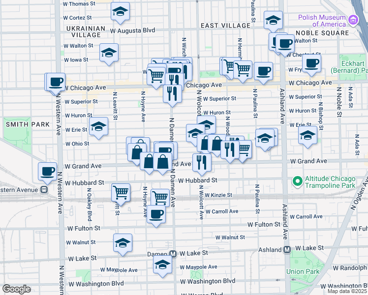 map of restaurants, bars, coffee shops, grocery stores, and more near 1934 West Race Avenue in Chicago