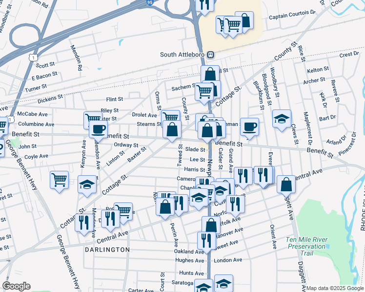 map of restaurants, bars, coffee shops, grocery stores, and more near 40 Slade Street in Pawtucket