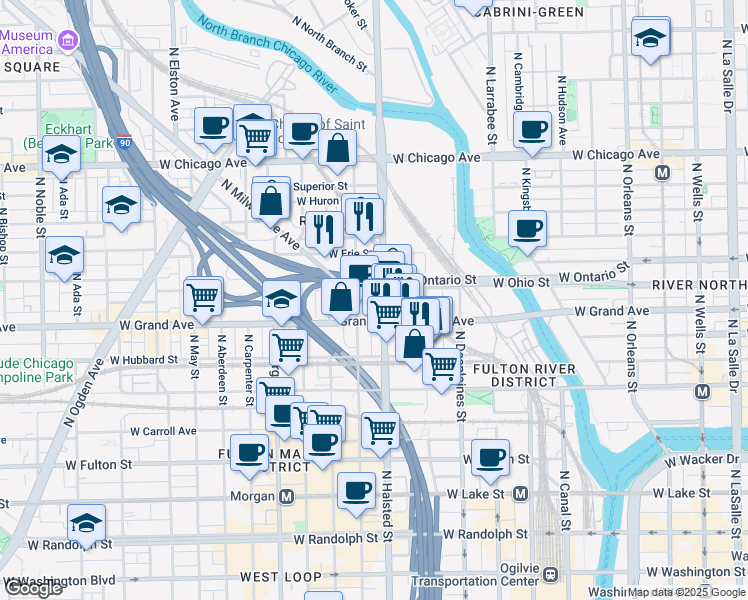 map of restaurants, bars, coffee shops, grocery stores, and more near 520 North Halsted Street in Chicago