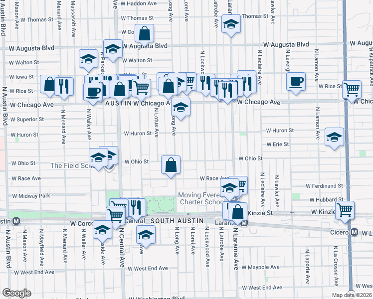 map of restaurants, bars, coffee shops, grocery stores, and more near 622 North Lorel Avenue in Chicago