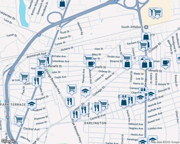 map of restaurants, bars, coffee shops, grocery stores, and more near 1 Ordway Street in Pawtucket