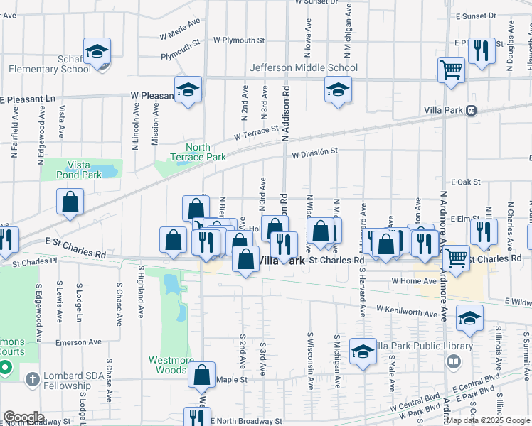 map of restaurants, bars, coffee shops, grocery stores, and more near 119 North 3rd Avenue in Villa Park