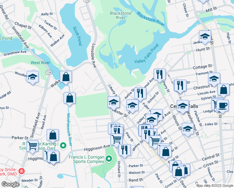 map of restaurants, bars, coffee shops, grocery stores, and more near 99 Liberty St in Central Falls