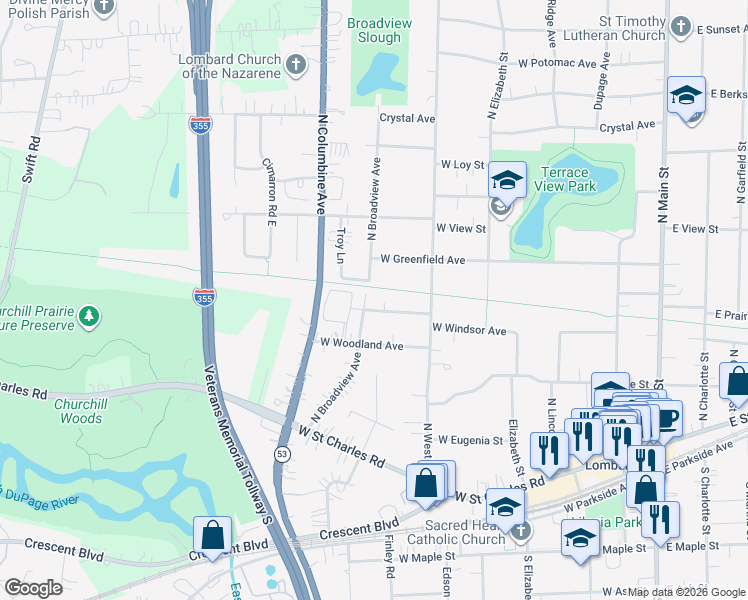 map of restaurants, bars, coffee shops, grocery stores, and more near 450 West Windsor Avenue in Lombard