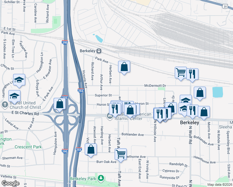 map of restaurants, bars, coffee shops, grocery stores, and more near 5804 Superior Street in Berkeley