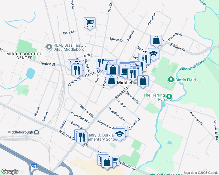 map of restaurants, bars, coffee shops, grocery stores, and more near 1 High Street in Middleborough
