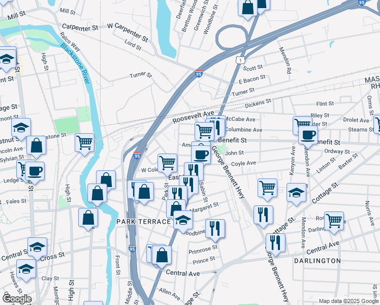map of restaurants, bars, coffee shops, grocery stores, and more near 62 Appleton Avenue in Pawtucket