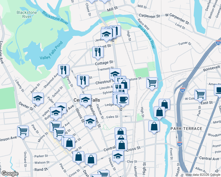 map of restaurants, bars, coffee shops, grocery stores, and more near 65 Lincoln Avenue in Central Falls