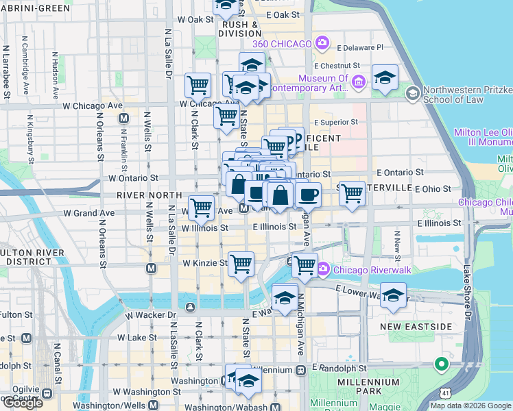 map of restaurants, bars, coffee shops, grocery stores, and more near 50 East Ohio Street in Chicago