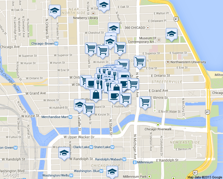 map of restaurants, bars, coffee shops, grocery stores, and more near 2 West Grand Avenue in Chicago