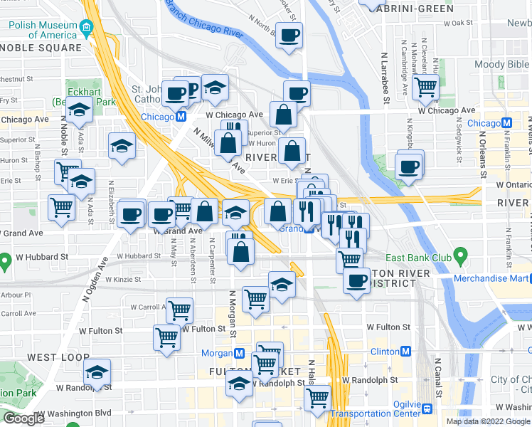 map of restaurants, bars, coffee shops, grocery stores, and more near 849 West Ohio Street in Chicago