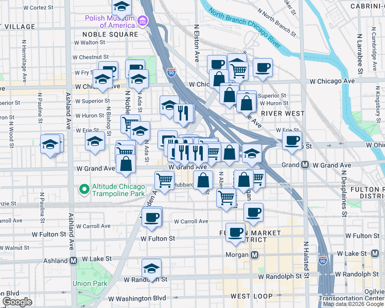 map of restaurants, bars, coffee shops, grocery stores, and more near 529 North Racine Avenue in Chicago