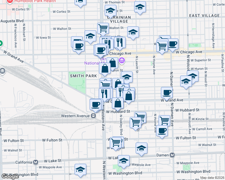 map of restaurants, bars, coffee shops, grocery stores, and more near 536 North Claremont Avenue in Chicago