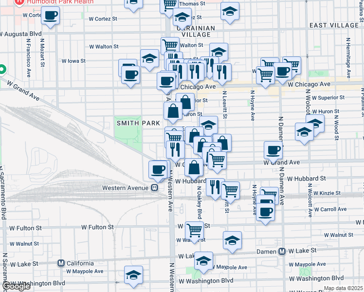 map of restaurants, bars, coffee shops, grocery stores, and more near 536 North Claremont Avenue in Chicago