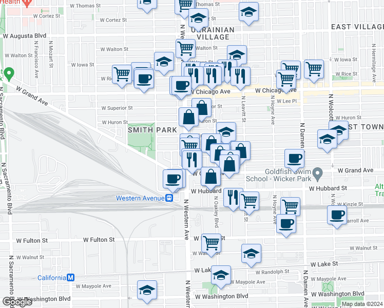 map of restaurants, bars, coffee shops, grocery stores, and more near 536 North Claremont Avenue in Chicago