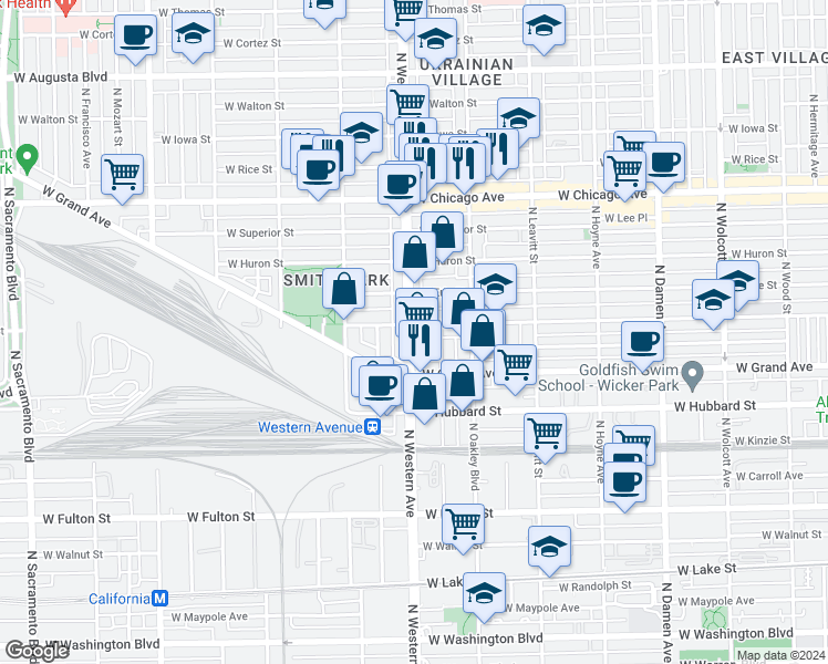 map of restaurants, bars, coffee shops, grocery stores, and more near 542 North Western Avenue in Chicago
