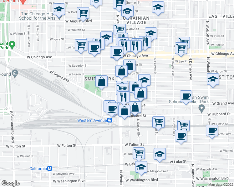 map of restaurants, bars, coffee shops, grocery stores, and more near 542 North Western Avenue in Chicago