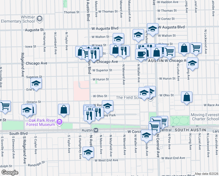 map of restaurants, bars, coffee shops, grocery stores, and more near 5906 West Erie Street in Chicago