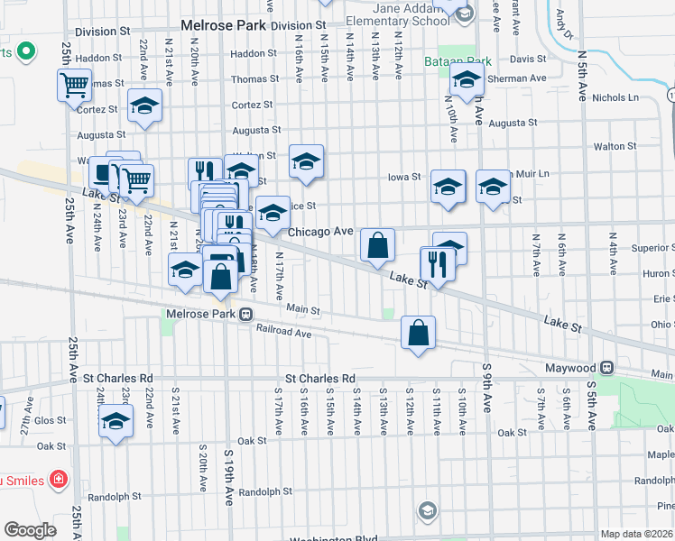 map of restaurants, bars, coffee shops, grocery stores, and more near 1504 West Lake Street in Melrose Park