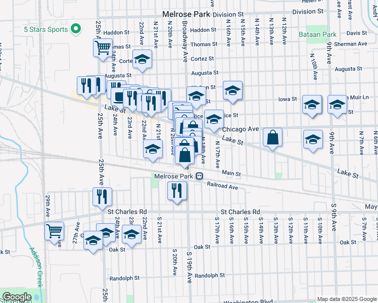 map of restaurants, bars, coffee shops, grocery stores, and more near 129 North 19th Avenue in Melrose Park