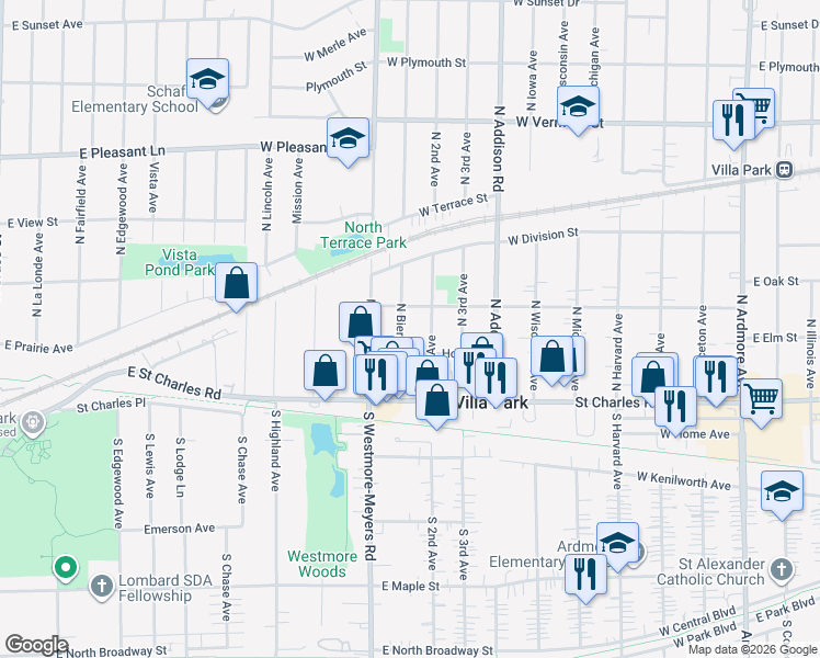 map of restaurants, bars, coffee shops, grocery stores, and more near 124 North 2nd Avenue in Villa Park
