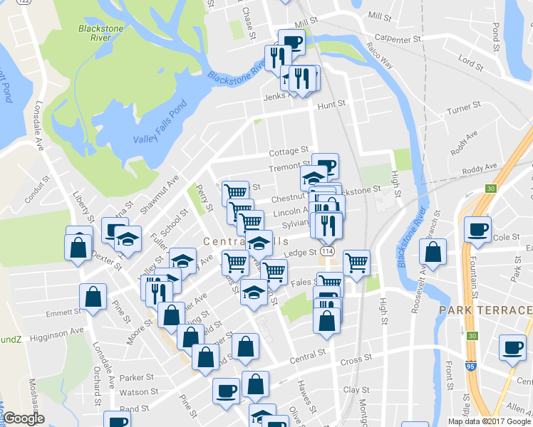 map of restaurants, bars, coffee shops, grocery stores, and more near 111 Lincoln Avenue in Central Falls