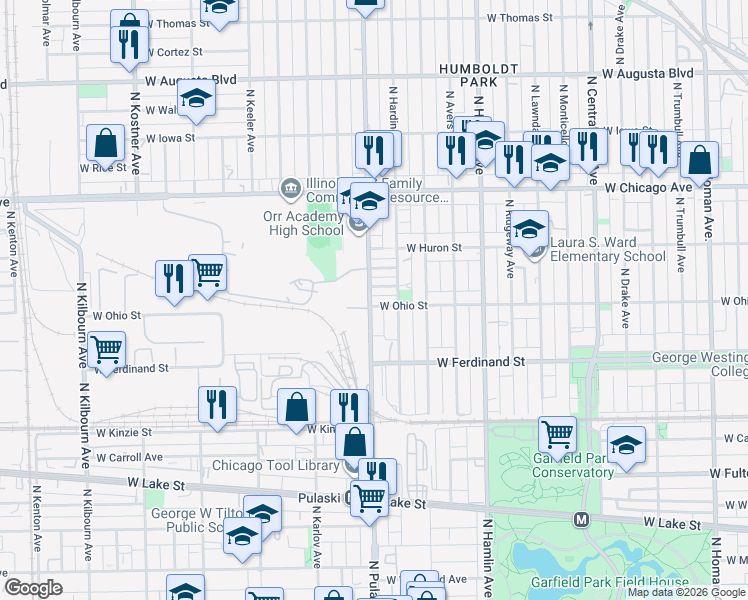 map of restaurants, bars, coffee shops, grocery stores, and more near 3964 West Ohio Street in Chicago