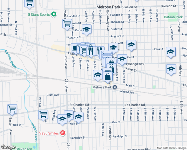 map of restaurants, bars, coffee shops, grocery stores, and more near 116 North 21st Avenue in Melrose Park