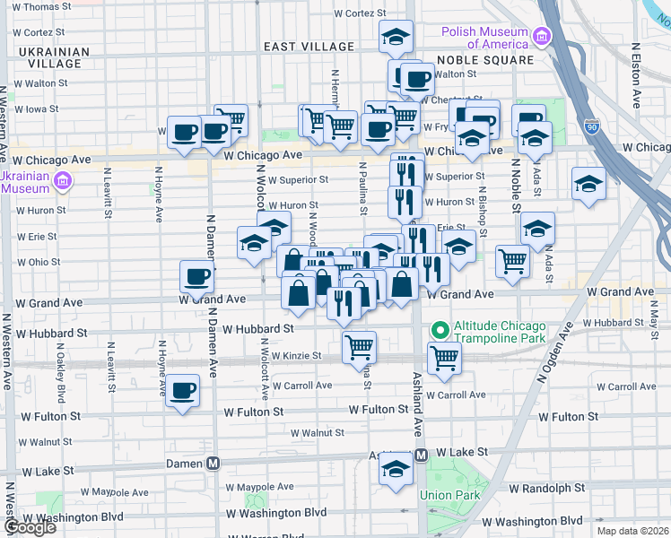 map of restaurants, bars, coffee shops, grocery stores, and more near 529 North Hartland Court in Chicago