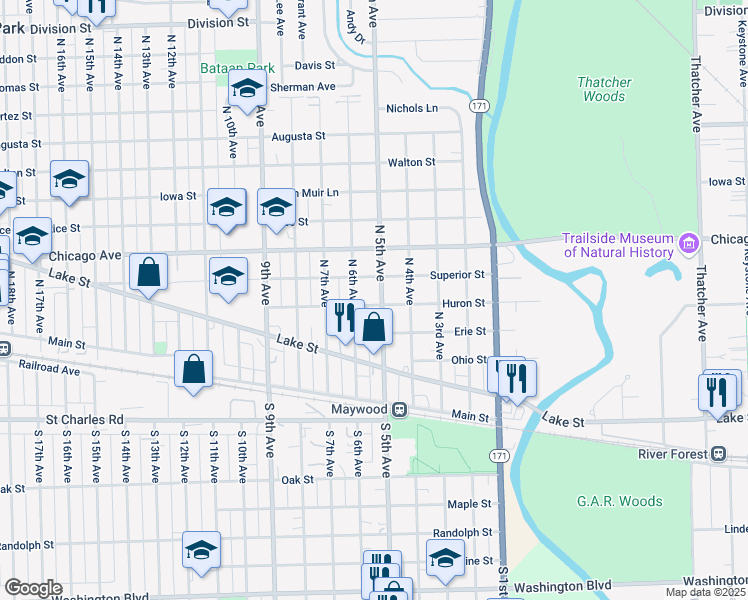 map of restaurants, bars, coffee shops, grocery stores, and more near 502 North 5th Avenue in Maywood