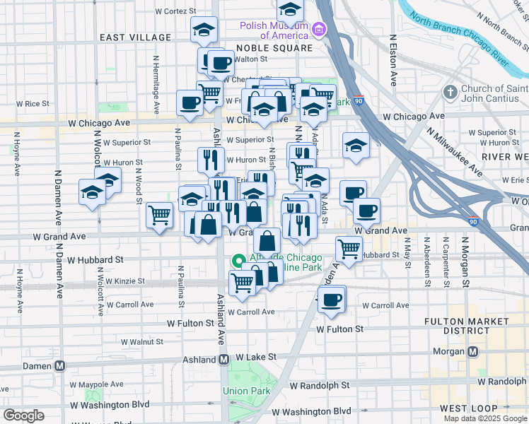 map of restaurants, bars, coffee shops, grocery stores, and more near 1455 West Ohio Street in Chicago