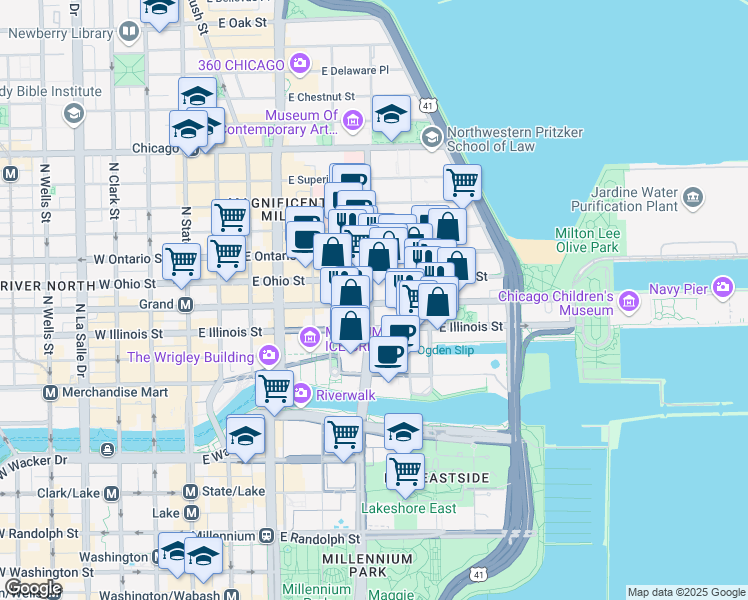 map of restaurants, bars, coffee shops, grocery stores, and more near 541 North Fairbanks Court in Chicago