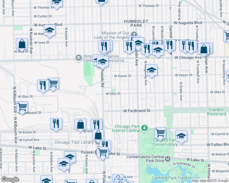 map of restaurants, bars, coffee shops, grocery stores, and more near 601 North Harding Avenue in Chicago