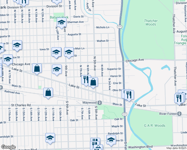 map of restaurants, bars, coffee shops, grocery stores, and more near 502 North 5th Avenue in Maywood
