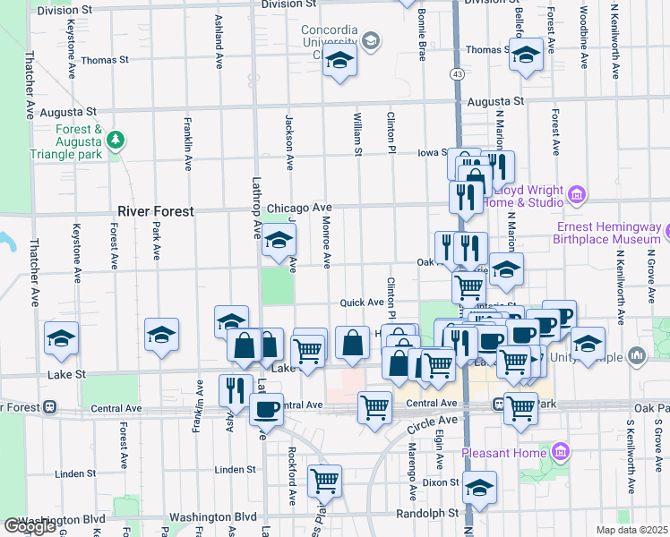 map of restaurants, bars, coffee shops, grocery stores, and more near 633 Monroe Avenue in River Forest