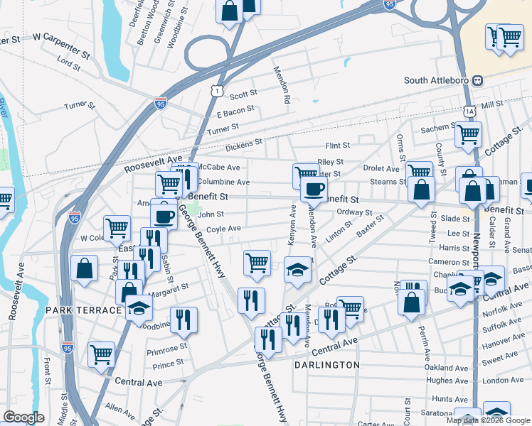 map of restaurants, bars, coffee shops, grocery stores, and more near 133 John Street in Pawtucket
