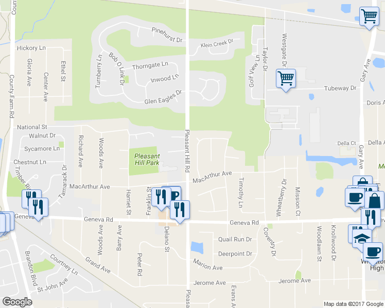 map of restaurants, bars, coffee shops, grocery stores, and more near 1N244 Redwing Drive in Carol Stream