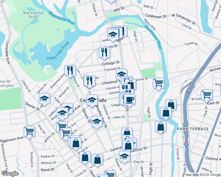 map of restaurants, bars, coffee shops, grocery stores, and more near 65 Lincoln Avenue in Central Falls