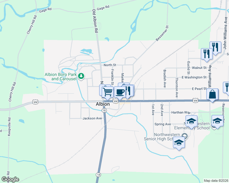 map of restaurants, bars, coffee shops, grocery stores, and more near 21 E Pearl St in Albion