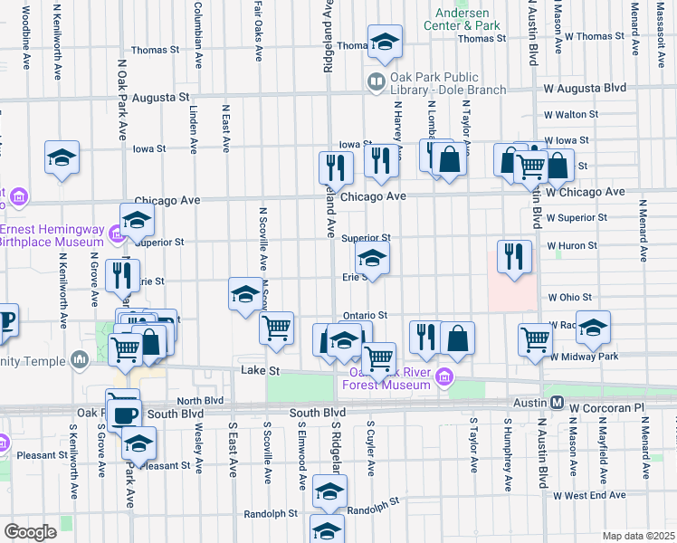 map of restaurants, bars, coffee shops, grocery stores, and more near 300 North Ridgeland Avenue in Oak Park