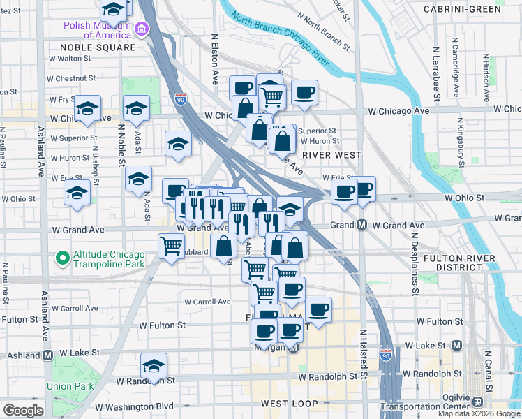 map of restaurants, bars, coffee shops, grocery stores, and more near 524 West Grand Avenue in Elmhurst