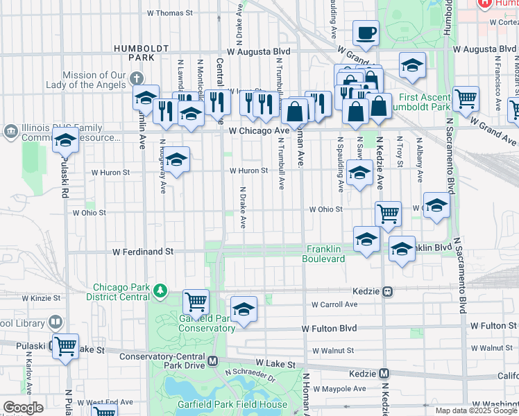 map of restaurants, bars, coffee shops, grocery stores, and more near 3500 West Ohio Street in Chicago